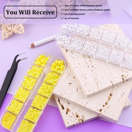 2 Boxes Flat Back Pearls Kit 8 2-8mm Flatback White&Lemon Yellow Half Round Pearls with Pickup Pencil and Tweezer for Home DIY and Nail Art, Face Makeup and Craft