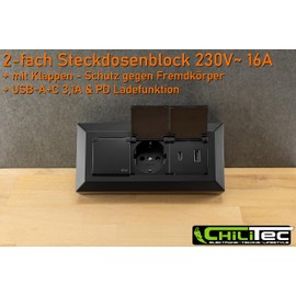 ChiliTec Socket Block 2-Way Multiple Socket with Hinged Lid USB-A USB-C PD 230 V Socket for Kitchen Office Workshop Black