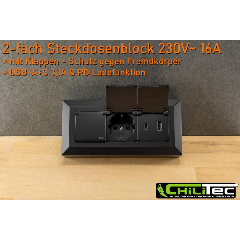 ChiliTec Socket Block 2-Way Multiple Socket with Hinged Lid USB-A