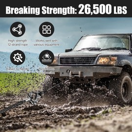3/8 inch Synthetic Winch Rope, 26,500 Lbs Breaking Strength Winch Cable, 50ft Tow Rope for ATV UTV SUV Jeep