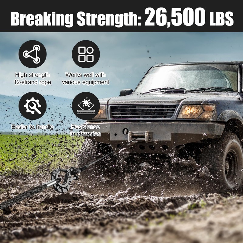 3/8 inch Synthetic Winch Rope, 26,500 Lbs Breaking Strength Winch
