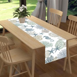 Coastal Table Runner, Summer Beach Starfish Seahorse Seashells Blue Coral Nautical Tropical Ocean Farmhouse Table Center Decor for Home Kitchen Dining Patio Indoor Outdoor Decorations, 13"x36" Inch