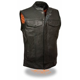 Milwaukee SOA Men's Naked Cowhide Leather Vest Zipper & Snap Front w/ 2 Inside Gun Pockets & Single Panel Back (Medium)