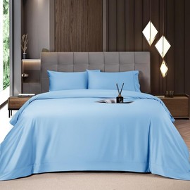 Shilucheng Bamboo Sheets Set 4/6 Pc, Cooling Breathable & Hotel Luxury Super Silky Soft, 16-18" Deep Pocket, Wrinkle, Fade Resistant Springtok:_Bamboo-Lake Blue_Queen_4PC