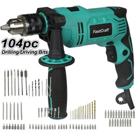 FastCraft Impact Drill Driver + 104pc Bits - New Impact Drill Driver 9.0A PEAK POWER 1/2-inch Chuck 0-2800RPM Dual Switch Electric Impact Drill, 360° Rotating Handle - Drill Driver