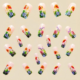 Flower Press on Nails Medium Square Fake Nails with Small Flower Designs Colorful Flowers Acrylic Nails Nude Pink Glossy Stick on Nails Floral False Nails for Women Girls 24Pcs