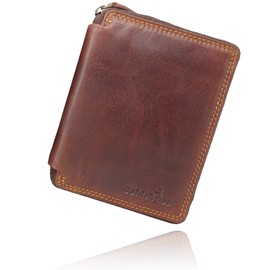 Fregery ® Leather Wallet for Men with RFID Protection with Coin Compartment, Genuine Leather Wallet, Wallet, All-Round Zip (Brown Portrait), brown, Classic