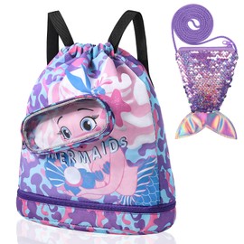 Invalidism Drawstring Bags Swimming Bags, Mermaids Drawstring Backpack with Mermaid Tail Sequin Bag, Waterproof Drawstring Gym Bag Mermaids Bag for Girls Women,for Swimming Beach Sports Travel School