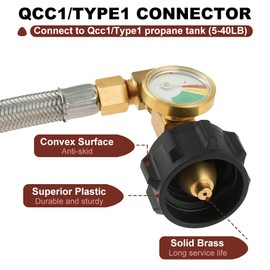 TEENGSE 2Pack RV Stainless Propane Hose with Gauge, 12inch Braided RV Gas Hose, Propane Pigtail Hose, 1/4" Male NPT +1/4" Inverted Male Flare for Camper Standard Two-Stage Regulator