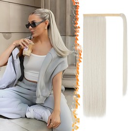 BARSDAR Straight Wrap Around Ponytail Extensions - 18 Inch Long Straight Blonde Ponytails for Women, Clip in Ponytail Hair Extensions Synthetic Pony Tails Hairpieces - Platinum Blonde
