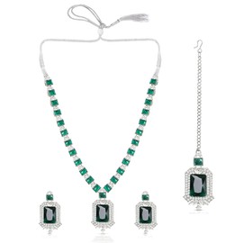 IIJ American/AD Two-Layered | Sparkling Square-Shaped Rhinestone Crystal Design Necklace | Dangle Earrings and Maang Tikka for Wedding Jewellery Set for Women, Free Size, Ruby, Stone, No Gemstone