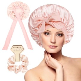 OWITER Satin Bonnet, Silk Sleep Bonnets for Women, Adjustable Satin Night Sleeping Cap Soft Elastic Band Silk Bonnets for Sleeping, Hair Bonnet + Scrunchies (Blush)