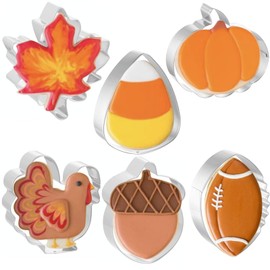 JOB JOL Cookie Cutters 6 PCS, Fall Thanksgiving Cookie Cutters, 3'' to 3.6'', Pumpkin, Leaf, Football, Turkey, Acorn