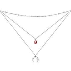 PEIMKO Crescent Moon Layered Necklace for Women, 925 Sterling Silver Simulated Birthstone Layered Necklaces, January Birthday Gift for Women