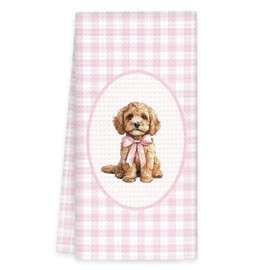 OINDADE Cockapoo Coquette Dog Kitchen Towels,CockapooGifts for Dog Lovers Women Hand Towels, Pink Preppy Bow Cockapoo Dish Tea Towel for Kitchen Decorative, Dogs Girl Nursery Bathroom Decor, 16x24In