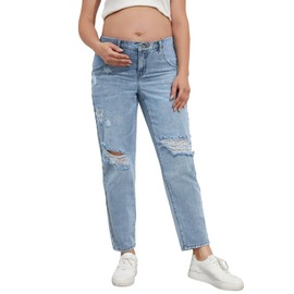 BEAUDRM Women's Maternity Casual High Waist Zipper Ripped Jeans Pants Trousers Mom Fit Denim Pants Light Wash A Large