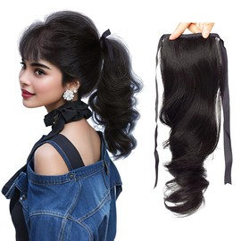 12 Inch Short Layered Wavy Pony Tail Hair Extensions Tie Up Natural Synthetic High Ponytail Hairpiece for Women Daily Wear (Jet Black)