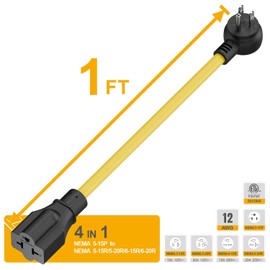 Heavy Duty 4 in 1 NEMA 5-15P Adapter Cord 12AWG, Plugrand NEMA 5-15P to 5-15R, 5-20R, 6-15R, 6-20R Adapter Cable, 15A/125V Household AC Plug to 20 Amp T Blade Extension Cable