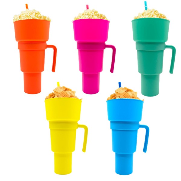 Xanadued 5 Pcs Stadium Tumbler with Snack Bowl, 2 in 1 Travel Cup with Snack Bowl, Cup Snack with Bowl on Top and Straw, Leak Proof Snack Cup and Bowl Combo-32oz (Blue, Orange, Pink, Green, Yellow)