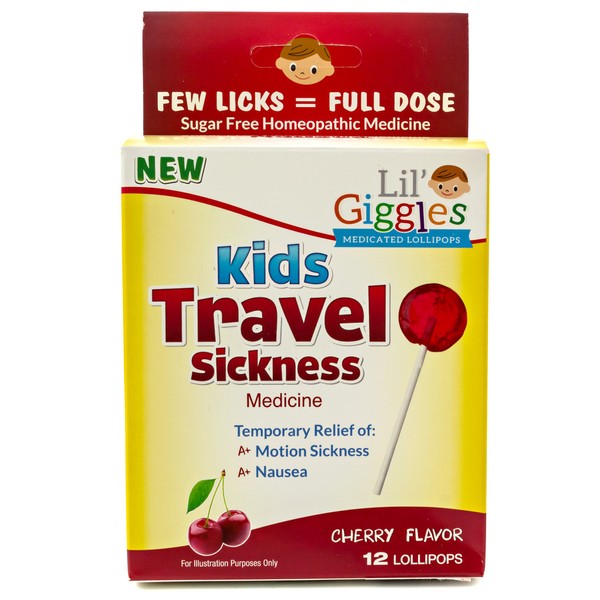 Lil' Giggles Kids Medicated Lollipops - Sweet Gentle Relief for Kids & Non-drowsy - for Car Sickness, Travel Nausea & Motion Sickness Relief - Homeopathic Remedy Children's Love - Cherry Flavor 12 CT