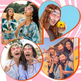 Pack of 6 Hippie Costume Accessories, Vintage 70s Flower Power Accessories with Daisy Headpiece, Love Glasses, Peace Chain, Earrings, Bracelet for Women, Carnival, Theme Parties, Disco Party, One size