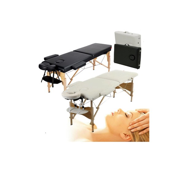 Wooden Massage Table, Foldable Massage Table, Portable Massage Bench, Mobile Massage Bed, Height Adjustable, Massage Chair, Massage Beds, Therapy Lounger, Cosmetic Lounger, Beauty Benches, Carry Bag (Wood, 2 Zones, Black)