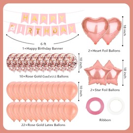 Rose Gold Birthday Decorations Happy Birthday Banner with Foil Heart Star Confetti Balloons Happy Birthday Party Decorations for Girls Women Princess