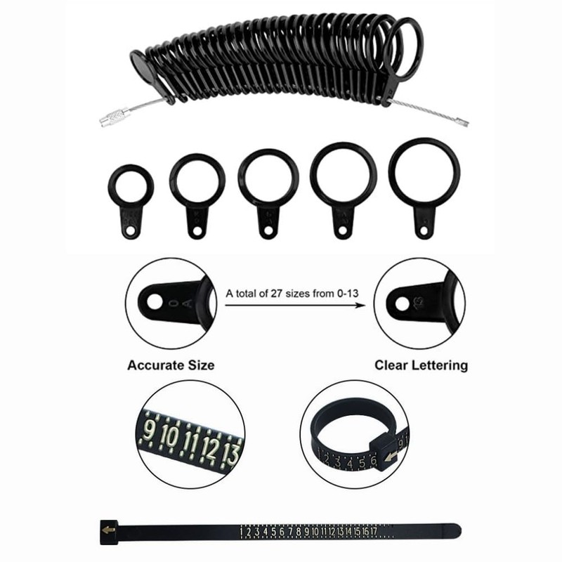 Ring Sizer Measuring Tool Set, Black Plastic Ring Sizer Gauge