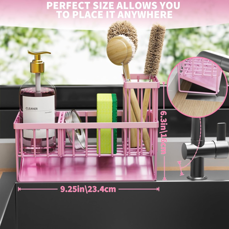 Cisily Pink Kitchen Sink Caddy Organzier with High Brush Holder,