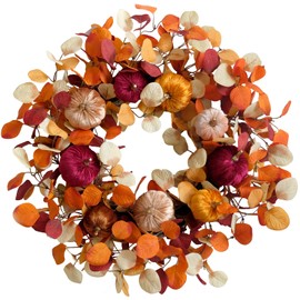 24-inch Fall Pumpkin Wreath Handcrafted Orange Red Champagne Velvet Pumpkin Eucalyptus Leaf Front Door Wreath Indoor Outdoor Home Decoration Thanksgiving Harvest Festival Party Celebration Decoration
