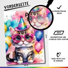 celebr8te 12 x Party Cat Glitter Invitation Cards – Teenager Children's Birthday Boys & Girls – Cool Animal Birthday Invitations Including Messenger Picture & Holiday Voucher