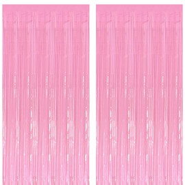 2 Pack Light Pink Foil Fringe Curtains Photo Booth Prop Tinsel Streamer Backdrops Birthday Party Supplies Graduation Xmas Holiday Party Decorations Decor, 3.3 x 6.6 ft