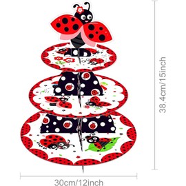 STARINGIRL 2 Set 3-Tier Ladybug Cardboard Cupcake Stand Party Decorations Cupcake Stand Dessert Holder Stand for Kids Boys Bbay Shower Ladybug Themed Birthday Party Supplies