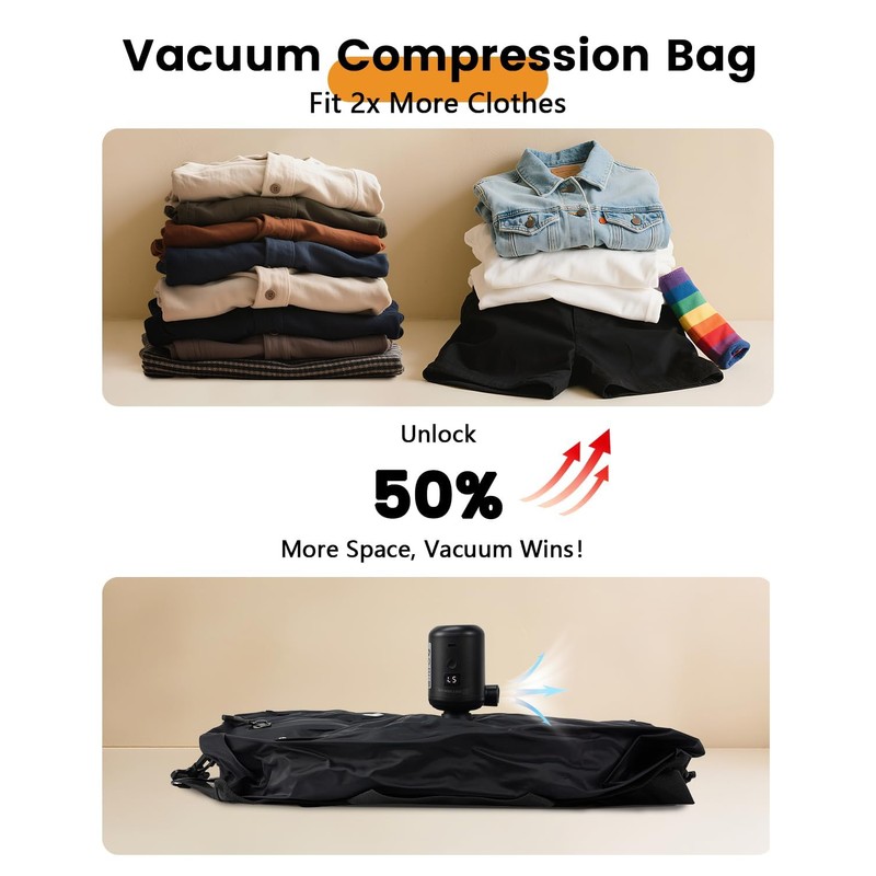 2Pack Vacuum Seal Bags For Clothing Travel With Wireless Pump