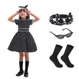 Raberto Girls 1950s Dress - Black & White Polka Dot Costume with Headband, Glasses & Socks for Girls 9-10 Years, X-Large