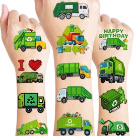 111 piezas de tatuajes temporales de basura de camión de basura, suministros temáticos para fiestas de cumpleaños, decoraciones, recuerdos, decoración, lindas pegatinas de tatuajes de reciclaje de