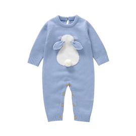 Hadetoto Baby Easter Outfits Newborn Girl Boy Bunny Romper Jumpsuit Longsleeve Knitted Soft Cosy Warm Clothes (Blue, 6-9 Months)