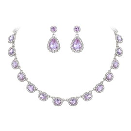 Clearine Prom Costume Jewellery, Oval Crystal Collar Statement Necklace Teardrop Pierced Dangle Earrings Weddding Jewellery Set for Women Bridal Bridesmaids Light Purple Silver-Tone