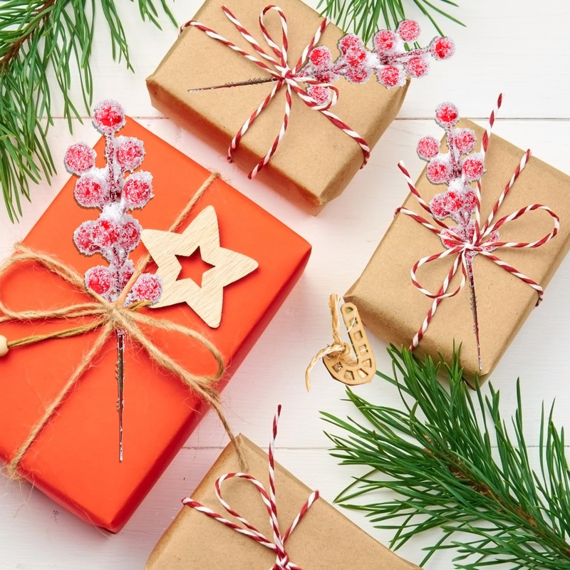 32 Pcs 8.7 Inches Snow Frosted Artificial Red Berry Stems