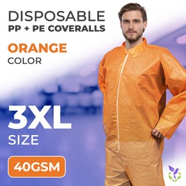 AMZ Medical Supply Disposable Coveralls for Men/Women, 3X-Large. Pack of 1 Orange Hazmat Suit. Waterproof PP + PE 40 GSM Lab Coveralls with Open Wrists & Ankles, Front Zipper