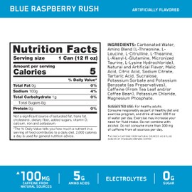Optimum Nutrition Amino Energy Sparkling Hydration Drink, Electrolytes, Caffeine, Amino Acids, BCAAs, Sugar Free, NEW Blue Raspberry Rush, 12 Fl Oz, 12 Pack (Packaging May Vary)