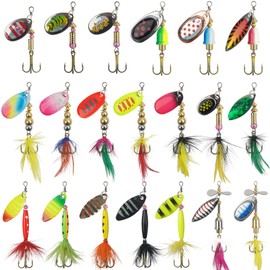 Spinner Baits Bass Lures Rooster Feather Tail Trout Lures Hard Metal Inline Spinner Bait Fishing Lure for Bass Salmon Trout (20pcs Spinnerbaits Kit)