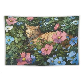 FeoYoed Tapestry Wall Hanging Aesthetic Decoration For Bedroom Living Room Wall Art Tapestries Cat Resting Among Flowers Pixel Style 40"x60"