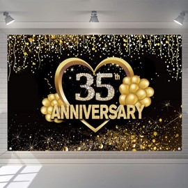 Happy 35th Anniversary Banner Background Decorations, Wedding Anniversary 35th Happy Anniversary Party Poster Accessories Fabric Sign Poster, Black Gold Anniversary Decor, 1.5m