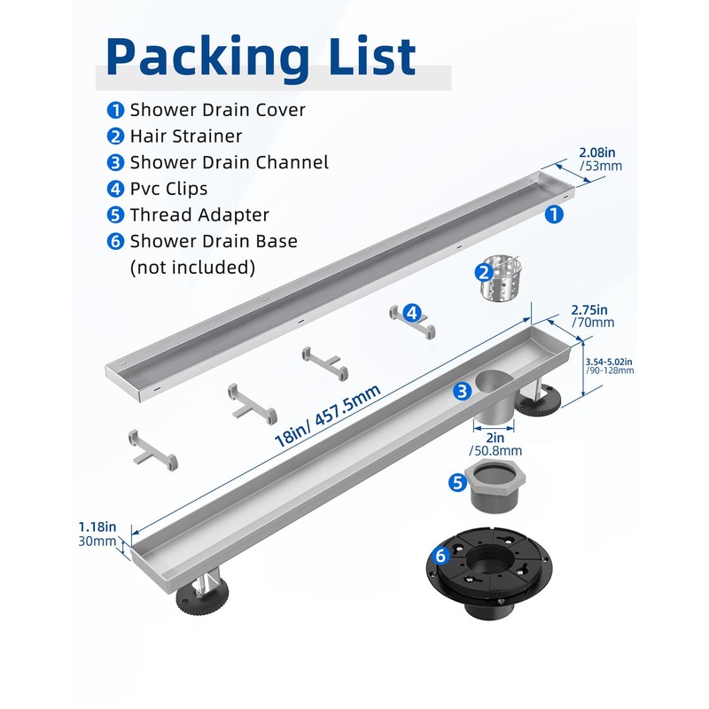 HTOH Shower Drain Offset for Bathroom: 18-Inch Brushed Nickel Linear