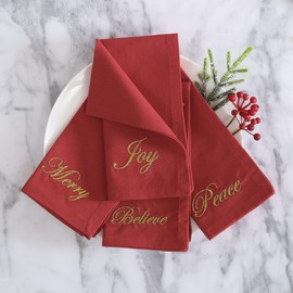 Elrene Home Fashions Holiday Sentiments - Juego de 4 servilletas de Tela con Refranes de Temporada, 17 x 17 Pulgadas, Color Rojo