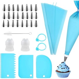 Kit de Repostería y Pastelería con Boquillas, 34 Piezas Incluye 24 boquillas de acero inoxidable, 2 mangas reutilizables azules, 3 espátulas, convertidores, anillos y cepillo