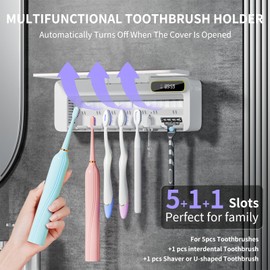 SwanKiss UV Toothbrush Sanitizer Holder for Bathrooms, 5+1+1 Slots Toothbrush Sanitizer and Holder, Rechargeable Cordless Wall Mounted Tooth Brush Holder with Heating Functions, No Drilling (White)