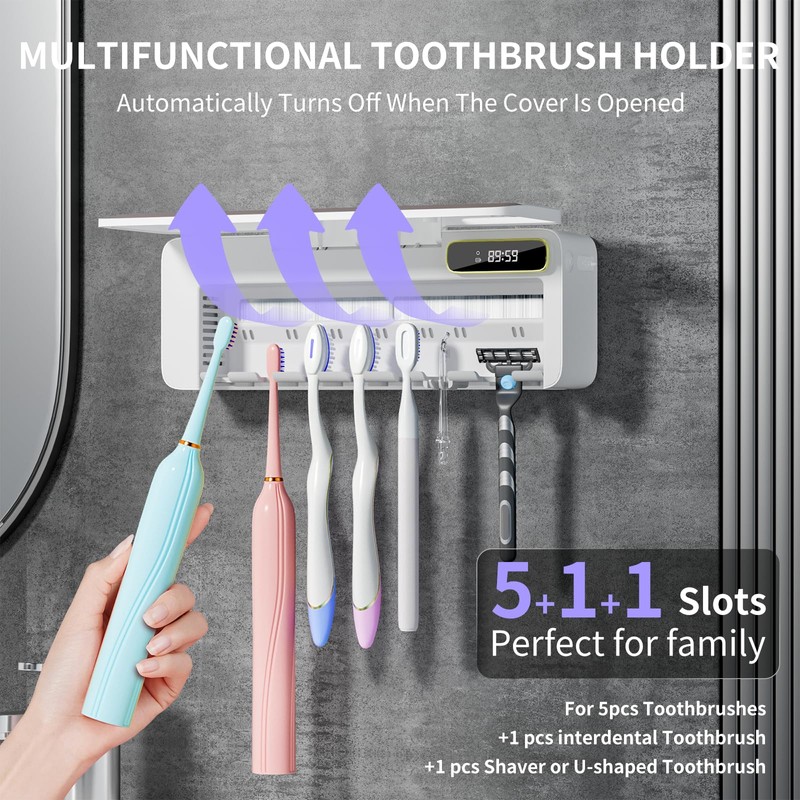 SwanKiss UV Toothbrush Sanitizer Holder for Bathrooms, 5+1+1 Slots Toothbrush