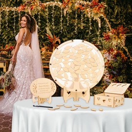 86pcs Wedding Guest Book Alternative Bridal Shower Guest Sign in Frame Wooden Round Tree of Life, Wedding Party Decoration Tree Guestbook Sign Frame for Baby Shower Gender Reveal Pregnancy Celebration